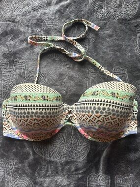 Patterned Bandeau Bikini Top with Halter Strap - Pastel Multi 32DD